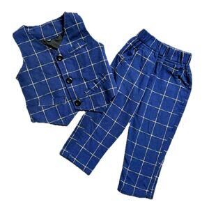 Baby dress outfit, 12 months, vest and slacks, grid pattern, navy blue